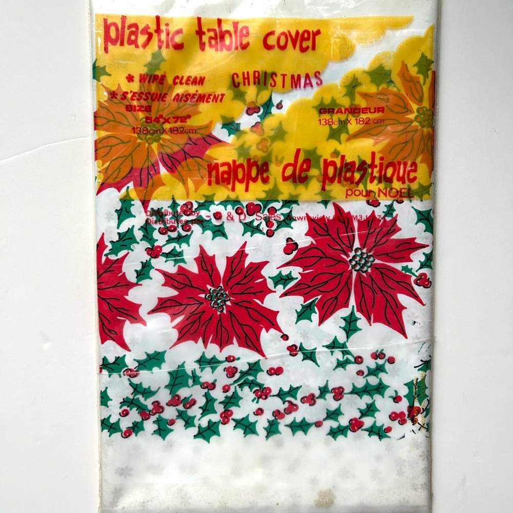 Vintage Christmas Plastic Table Cover with Poinsettia Design
